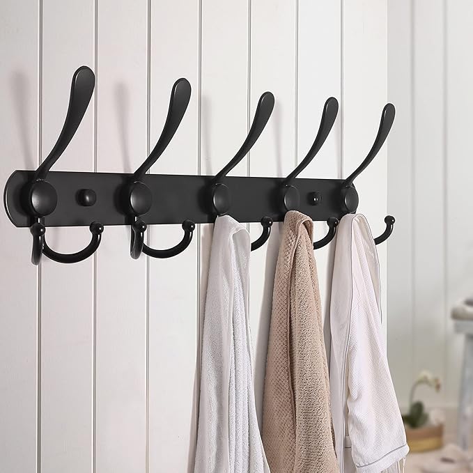 Dseap Coat Rack Wall Mounted - 5 Tri Hooks, Heavy Duty, Stainless Steel, Metal Coat Hook Rail for Coat Hat Towel Purse Robes 