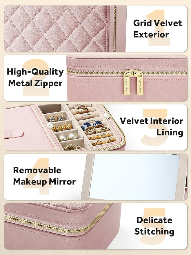 Velvet Travel Jewelry Box with Large Mirror, Double-Layer Jewelry Organizer Case for Women and Girls, Portable Storage Case w