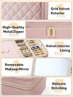 Velvet Travel Jewelry Box with Large Mirror, Double-Layer Jewelry Organizer Case for Women and Girls, Portable Storage Case w