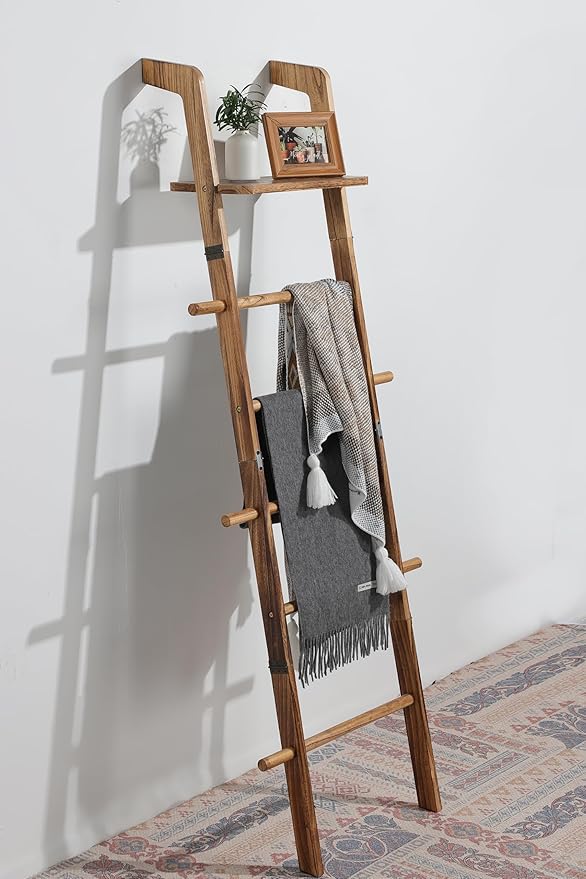 DELITON Blanket Ladder, 5-Tier Wooden Farmhouse Style Towel Rack with Shelf and Hooks, Wall Leaning Decorative Ladder for Liv