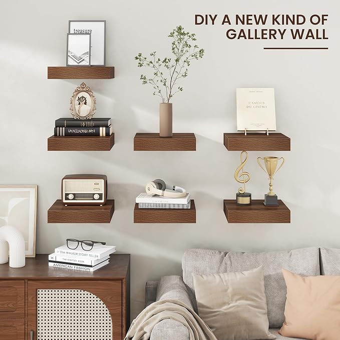 Square Floating Shelves for Wall, 12" W x 12" D x 2" H, 2 Pack, Small Wall Mounted Engineered Wood Shelves with Invisible Bra