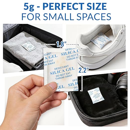 Silica Gel Packets 5 Gram 150 Pack, Color-Indicating Rechargeable Desiccant Packs Moisture Absorber for Food Storage, Electro
