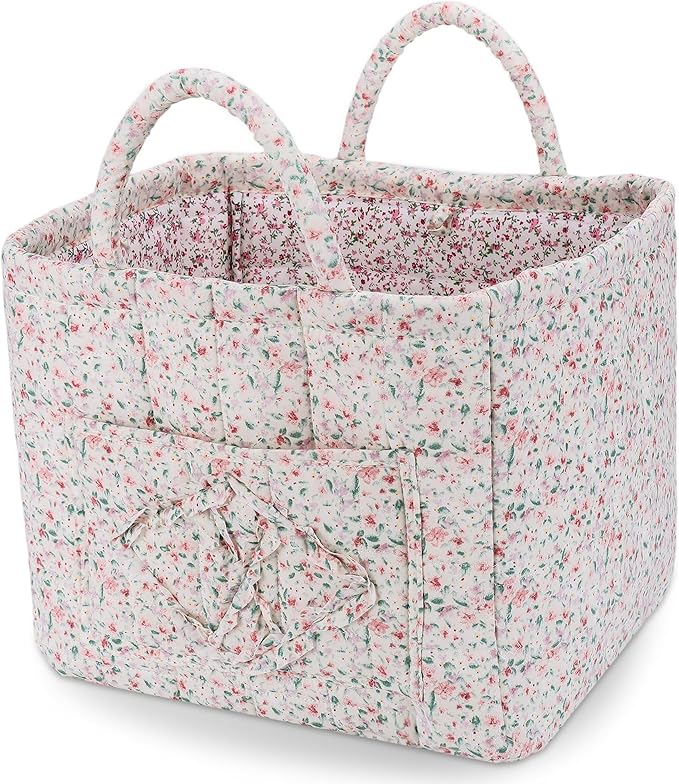 Storage Basket Boho Fabric Large Collapsible Floral Laundry Nursery Hamper Portable Folding Storage for Clothes Toys (Green F