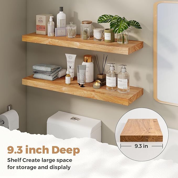 RICHFOCUS Elm Floating Shelves for Wall - 36" W x 9.3" D Rustic Solid Wood Shelves with Invisible Bracket, Wall-Mounted for L