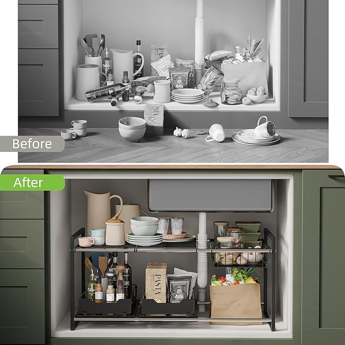 NETEL Under Sink Organizers and Storage,Kitchen Cabinet Organizer,2 Tier Under Sink Expandable Shelves，Bathroom Cabinet Organ