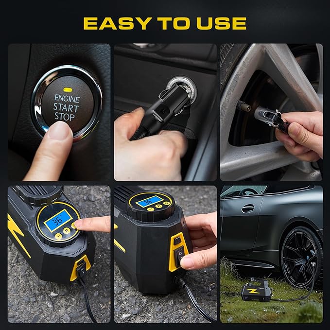 FADAKWALT Tire Inflator Portable Air Compressor, DC 12V Tire Air Pump with LED and 150PSI Digital Pressure Gauge, Portable Tire Inflator for Car Tires, Motorcycles, Bike, Ball (Yellow)