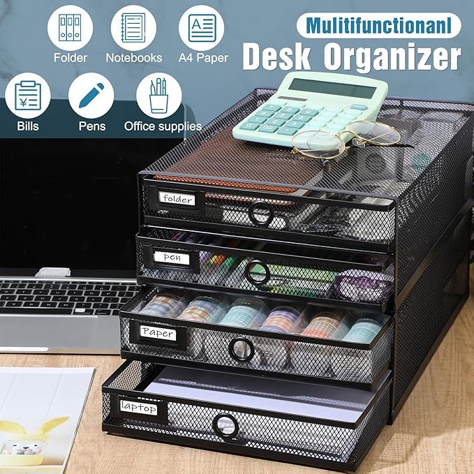 Zhanmai 2 Pack Black Desk Organizer with Drawer Total Wire Mesh Storage Tray Multifunctional Paper Sorter File Stand for Home
