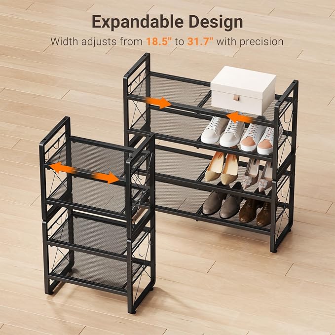 ELYKEN Shoe Rack, 4-Tier Expandable Shoe Organizer for Entryway, Metal Black Shoe Shelf with 4 Hooks, Adjustable Shoe Stand H