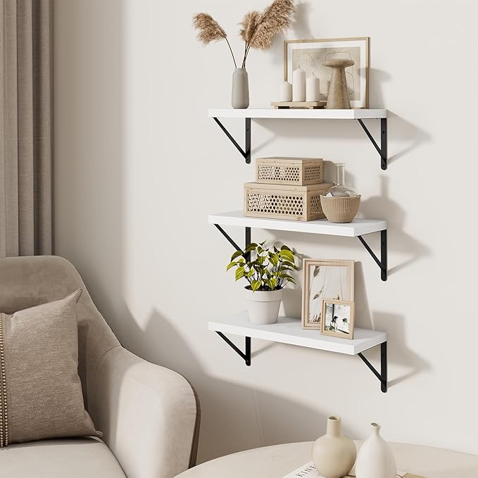 Wall Shelf, Floating Book Shelves with Brackets, 16 inch White Shelves Set of 3, Particle Board Wooden Shelf for Kitchen, Bat