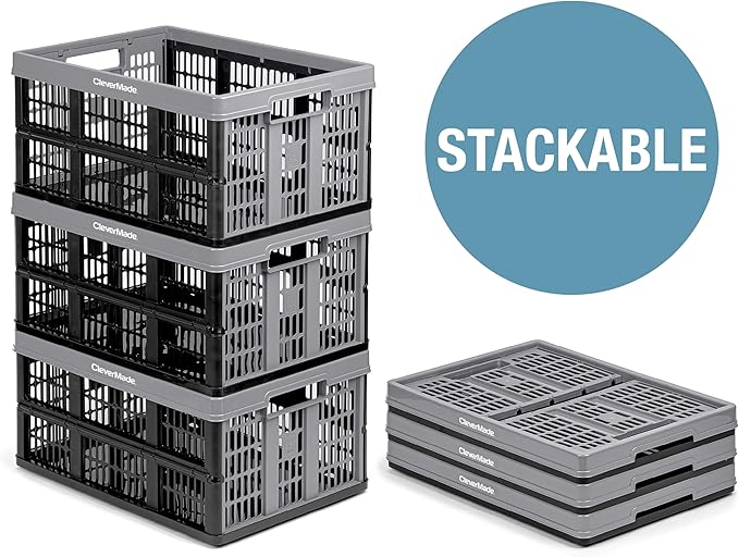 CleverMade Collapsible Utility Crate, Stone, 1PK - 32L (8 Gal) Collapsible Storage Bins, Holds 40lbs Per Bin - Plastic Stacka