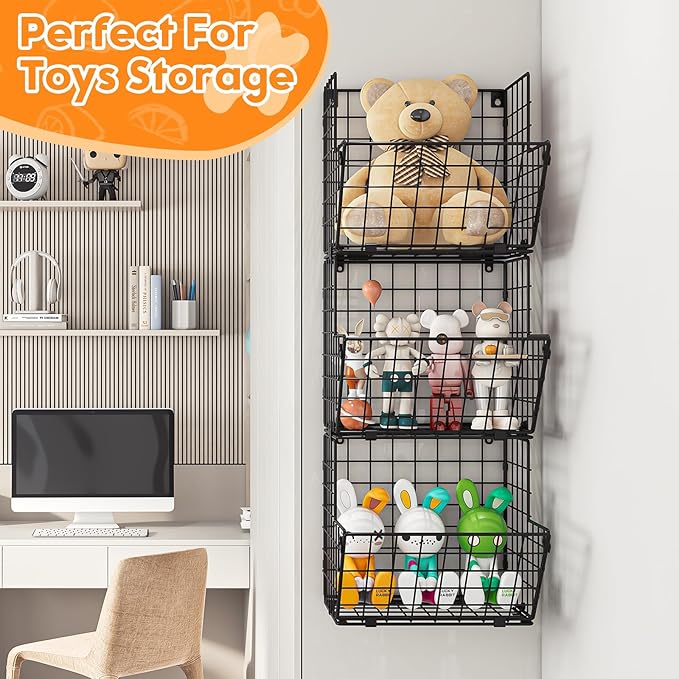 X-cosrack Metal Wire Basket Wall Mount, 3 Tier Wall Storage Organizer with 5 S Hooks, Kitchen Fruits and Vegetables Bin Toys 