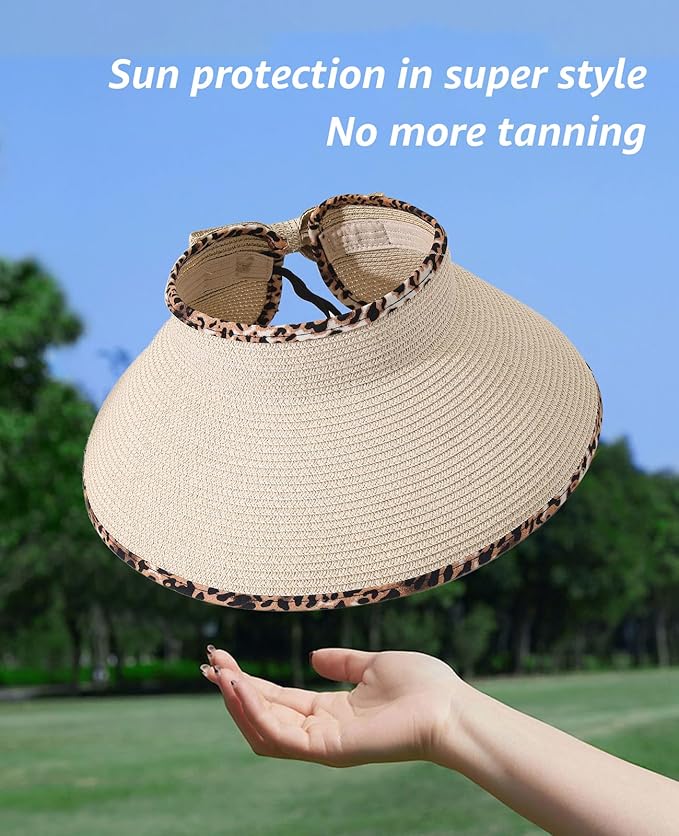 Sun Visor Hat for Women, Wide Brim Straw Summer UV Protection Hat, Foldable Roll-up Packable Beach Cap