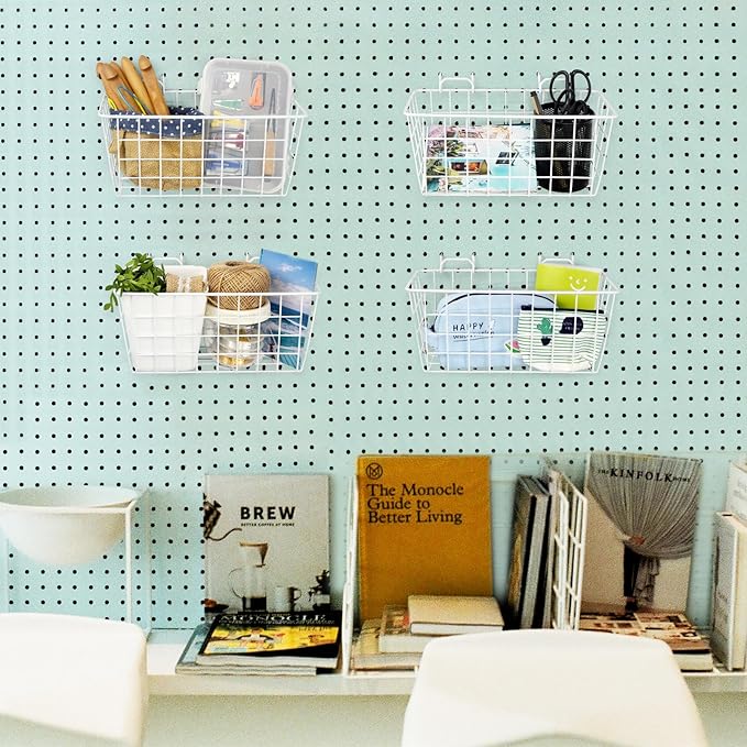 G.CORE 4 Pack Pegboard Baskets, Metal Shelves Hooks to 1/8" 1/4" Peg Boards, Peg Board Baskets Bins Set - Organize Tools Work