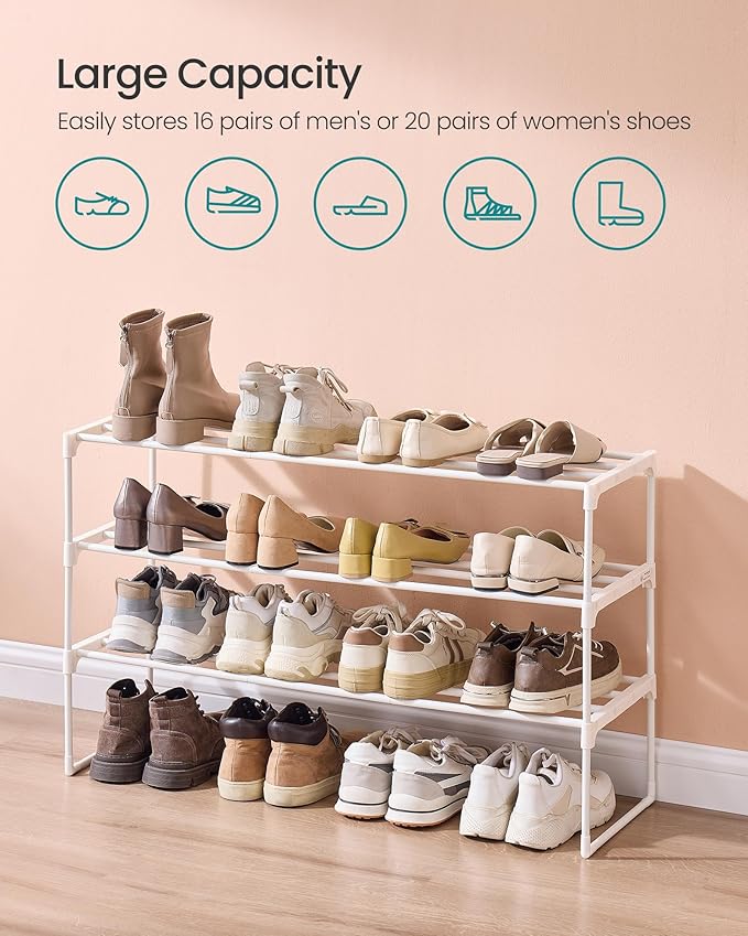 SONGMICS Shoe Rack, 3-Tier Shoe Organizer, Metal Storage Shelf, Upright or Upside Down, for 16-20 Pairs, Stackable, for Entry