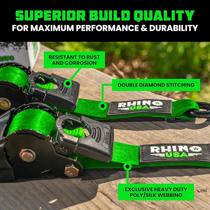 Rhino USA Retractable Ratchet Straps (4-Pack) - 2 Inch x 10 Feet (3,033lb Break Strength) - Heavy Duty Auto Self Retracting Tie Down Straps for Truck, Cargo Trailer, Motorcycle, Rad & More - Green