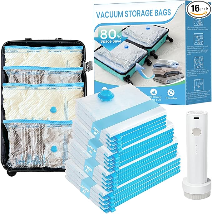 ANBIUX Vacuum Bags for Travel with Rechargeable air Pump, 16 Pack Carry-on Size Compression Packing Bags for Luggage and Suit