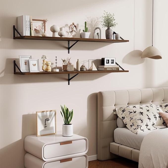 Deep Floating Shelves,55" Wx10 D Wood Wall Shelves Set of 2,Long Wood Floating Shelf with Metal Brackets,Floating Bookshelf f