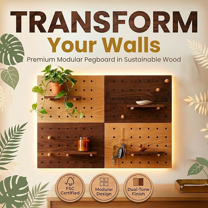 Wooden Pegboard Wall Organizer Kit – Modern Natural Wood Peg Board with Shelves & Hooks – 2 Tone Brown & Oak Premium Wooden P