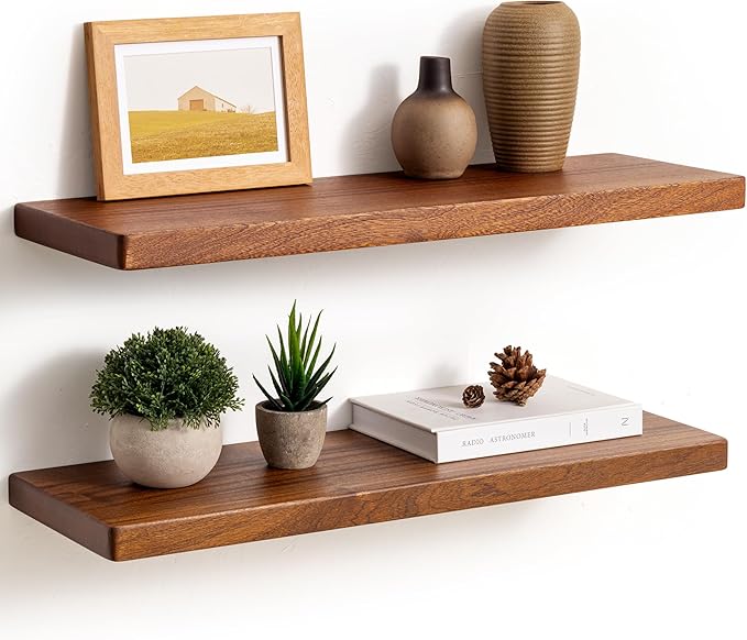 Fun Memories 24 Inch Floating Shelves, Rustic Solid Wood Wall Shelves Set of 2, 8 Inch Deep Floating Shelf for Bathroom, Bedr