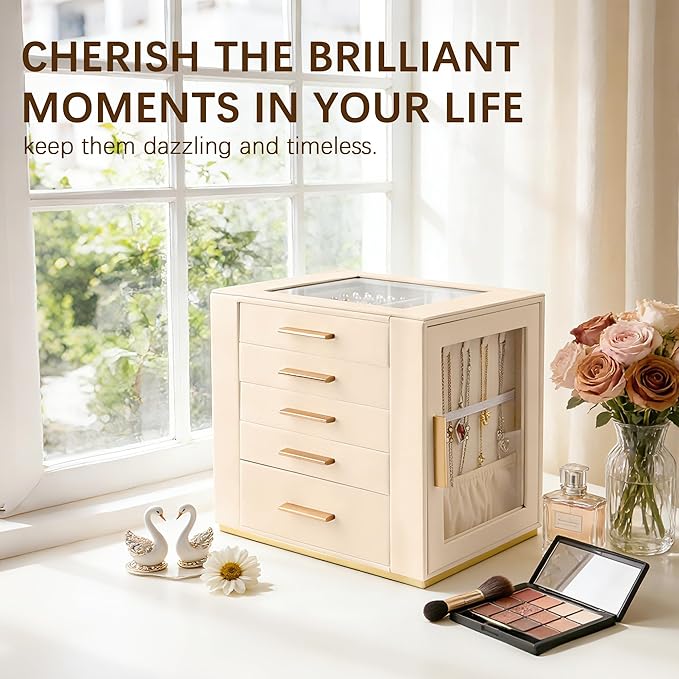 Homeanda Jewelry Box for Women with Glass Lid, 5 Drawers Jewelry Organizer and Storage for Necklaces, Rings, Earrings, Bracel