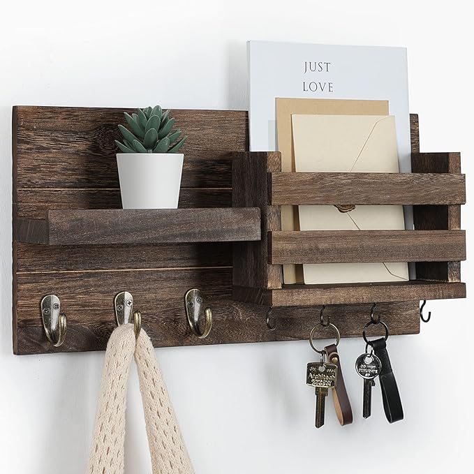 Lwenki Mail Organizer for Wall Mount – Key Holder with Shelf Includes Letter Holder and Hooks for Coats, Dog Leashes – Rustic