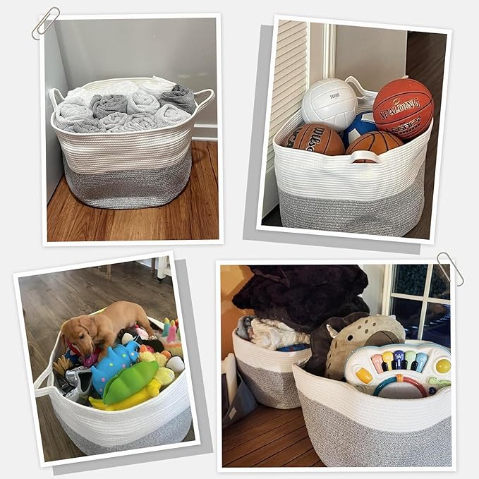 INDRESSME Large Storage Basket, 21.7'' x 13.8'' Cotton Rope Blanket Basket Living Room, Toy Organizers and Storage with Handl