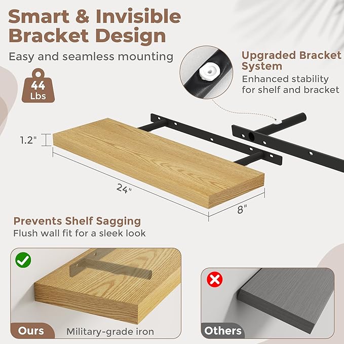 24 Inch Floating Shelves for Wall Set of 2, 8"D Wood Grain Bathroom Shelves with Invisible Brackets, Easy Install Engineered 
