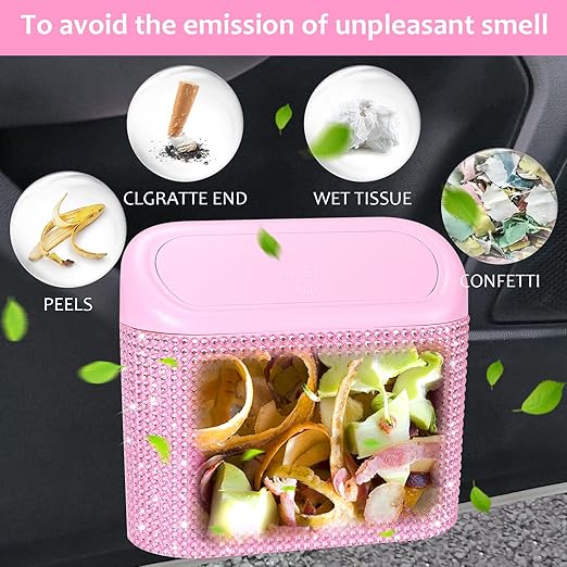 Accmor Bling Pink Car Trash Can with Lid, Mini Auto Garbage Storage Bin with 60 Trash Bags, Small Car Garbage Container Bin, Sparkling Crystal Vehicle Dustbin for Front Back Seat Accessories for Cars