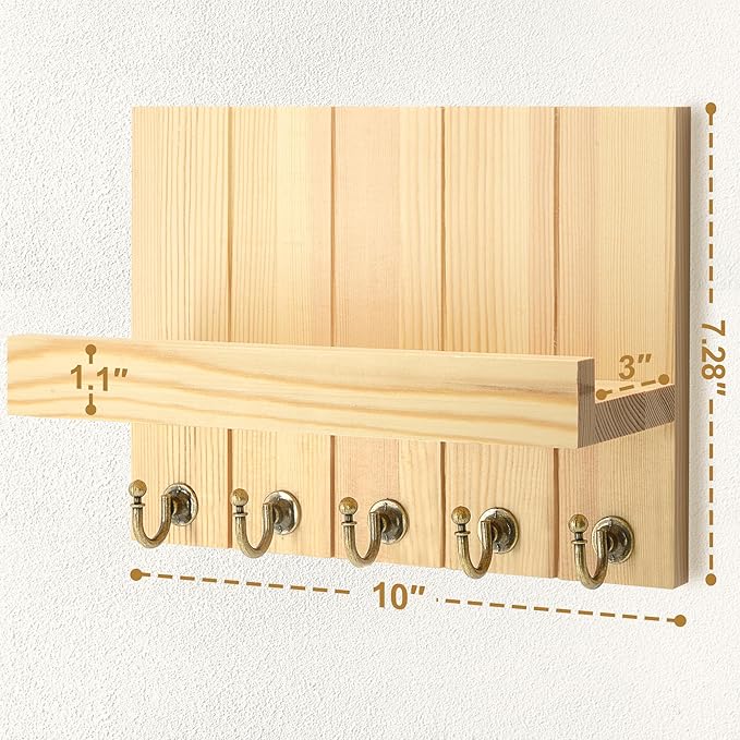 Rebee Vision Pine Wood Key Holder Wall Mount with 5 Hooks and Shelf – Farmhouse Key Holder for Wall for Entryway Organization