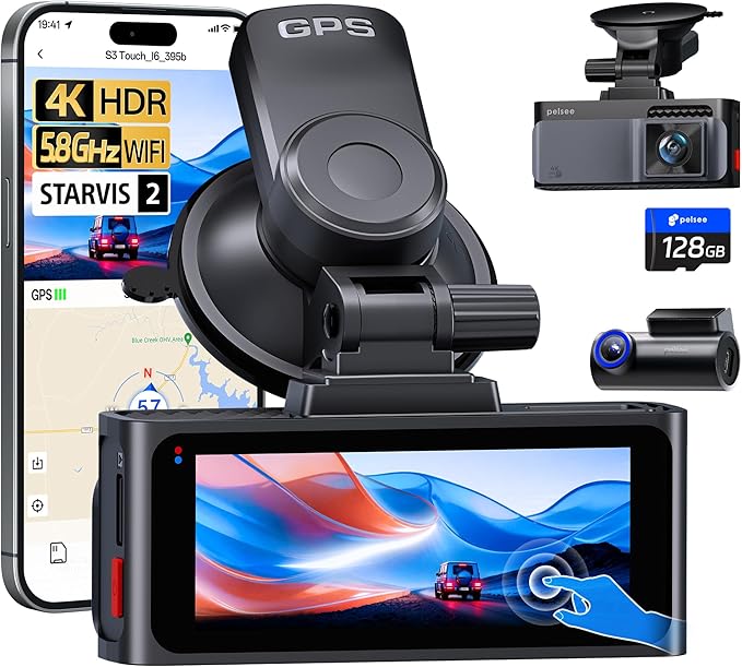 Pelsee S3 Touch 4K Dash Cam Front and Rear, STARVIS 2 Sensor, STARLIT™ Full Color Night Vision, 128GB Card, WiFi 6, ADAS, Das