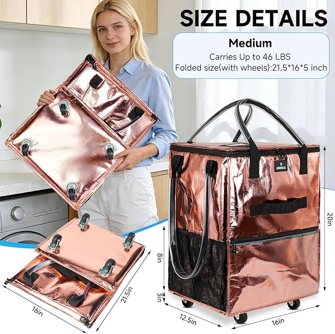 Reusable Grocery Bag On Wheels, 70L Foldable Shopping Cart with 6 Pockets & 3-Way Carry, Heavy Duty Handles, Zipper Closure for Travel, Shopping, Laundry, Medium, Rose Gold