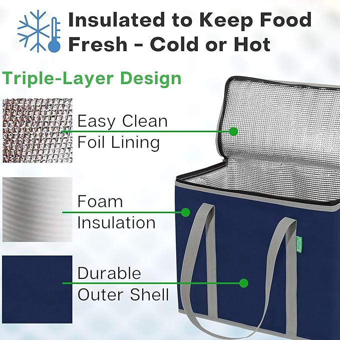 Creative Green Life XL Insulated Reusable Grocery Bags (2-Pack) - Premium Quality Cooler Bags with Hard Bottom Insert, Stands