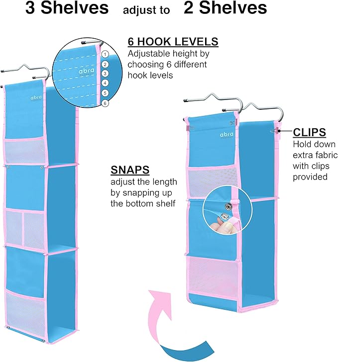 ABRA® 3 Shelf Hanging Locker Organizer for School, Work, Gym, Storage | Deep Shelves 6.5”x 9”| Eco-Friendly Fabric Healthy fo