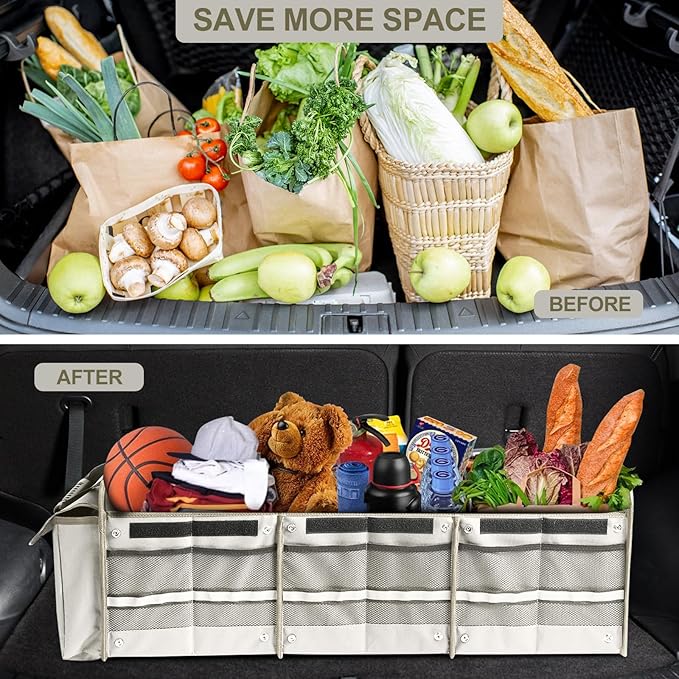 Car Trunk Organizer with Insulated Leakproof Cooler Bag, 4 in 1 Waterproof Portable Car Storage Organizer with Collapsible Cover, 3