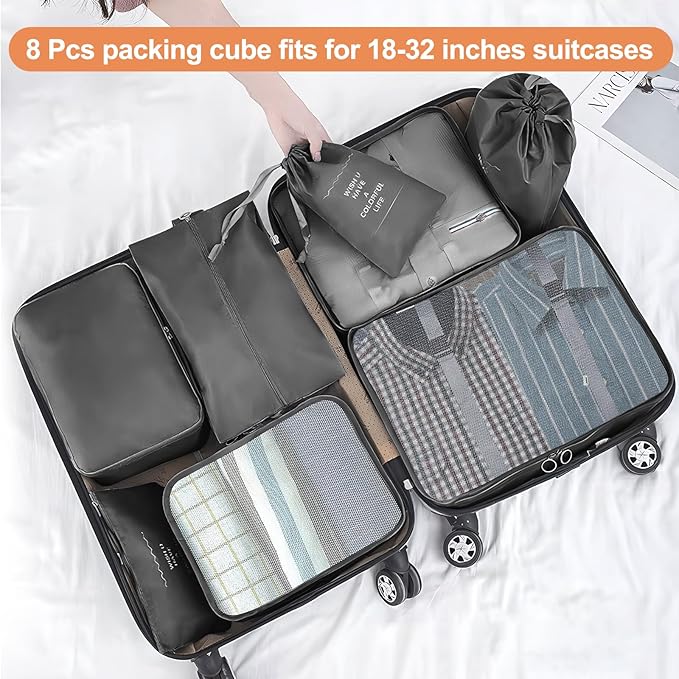 8 Set Packing Cubes for Suitcase, Packing Cubes for Carry on Suitcases, Luggage Organizer for Travel Essentials, Large Mesh L