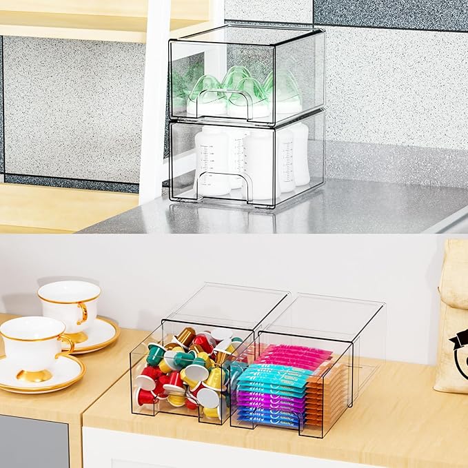 4.4" Tall Small Clear Acrylic Stackable Storage Drawers for Vanity,Under Sink,Bathroom Closet,Medicine Cabinet Organization a