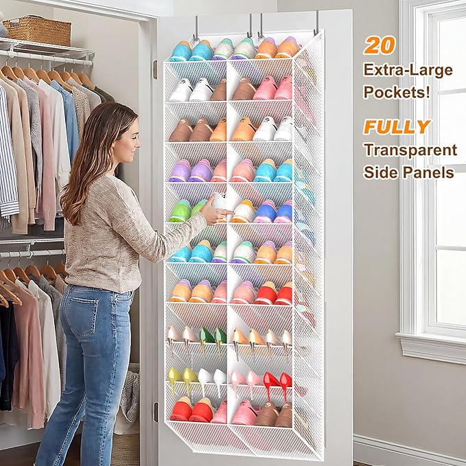 UVIAHOMI 30 Pairs Over the Door Shoe Organizer, Breathable Mesh Pocket Hanging Shoe Storage for Closet, 10-Tier Door Shoes Ra