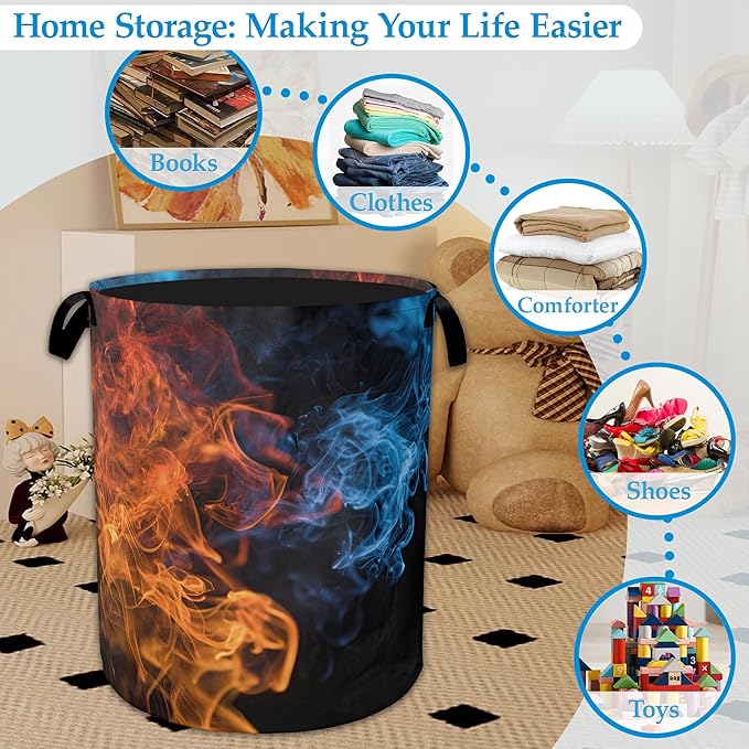 Red Blue Fire Laundry Basket Collapsible Laundry Hamper, Oxford Cloth Storage Bin for Room/Bathroom/Bedroom/Dormitories 16" X