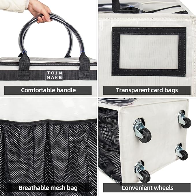 Reusable Grocery Bag On Wheels, Shopping Trolley, Rolling Tote with 8 Pockets and Zipper Cover, Foldable, Heavy Duty Handles, Carries Up to 46 LBS (Medium, Beige)
