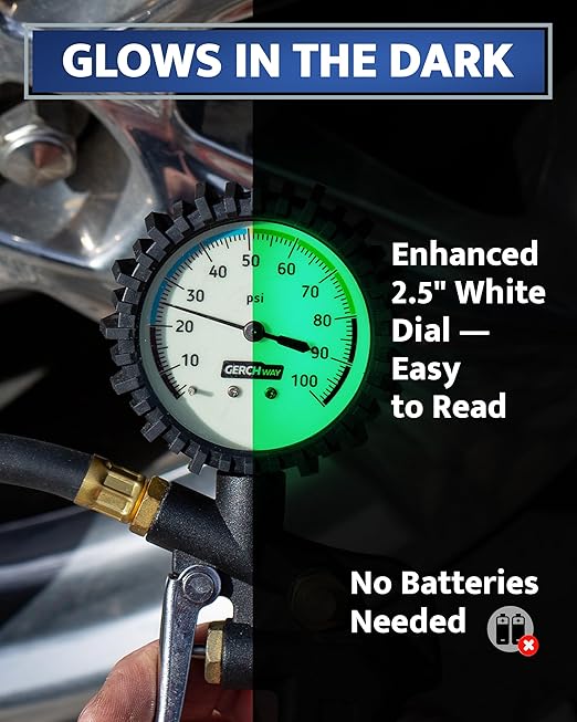 Tire Inflator with Pressure Gauge – Large Glow Dial, Swivel Air Chuck with Gauge and Air Compressor Accessories – 100 PSI