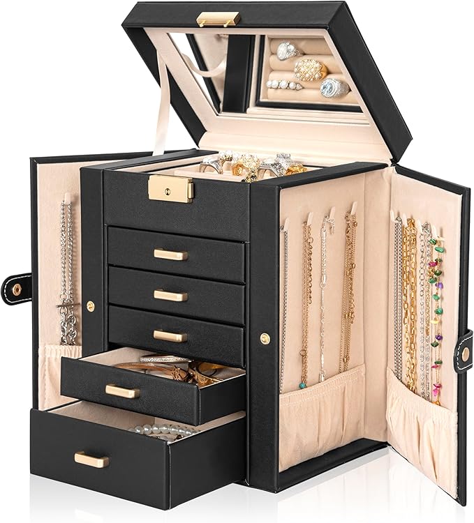 AKOZLIN 6-Tier Jewelry Box Lockable Leather Jewelry Storage Case with 5 Drawers for Women Girls Ring Necklace Earring Bracele
