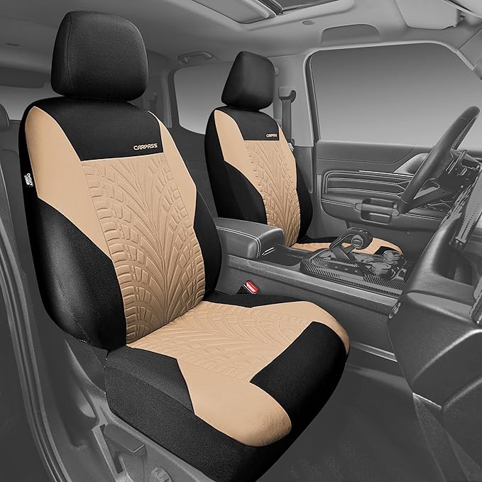 CAR PASS Car Seat Covers Two Front Only for Car, 3D Tyre Print Automotive Interior Covers, Airbag Compatible, Quick Setup Uni