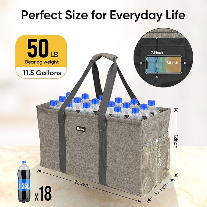 BALEINE Extra Large Utility Tote Bag with Reinforced Wire Frame, Reusable Grocery Bag for Shopping, Picnic (Beige, 22''x12''x10'')