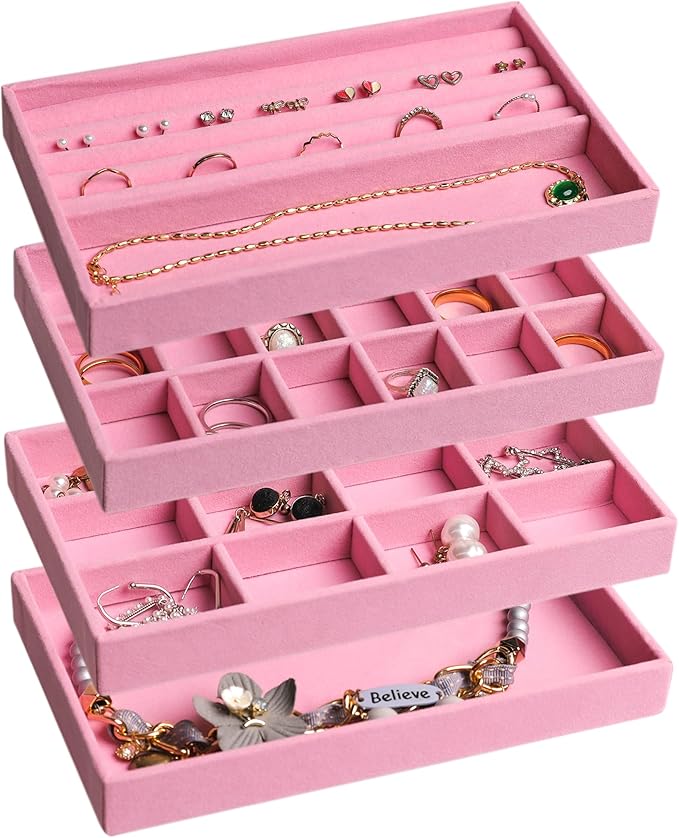 Frebeauty Jewelry Organizer Tray,Stackable Velvet Jewelry Trays,Drawer Inserts Earring Organizer For Women Jewelry Storage Di