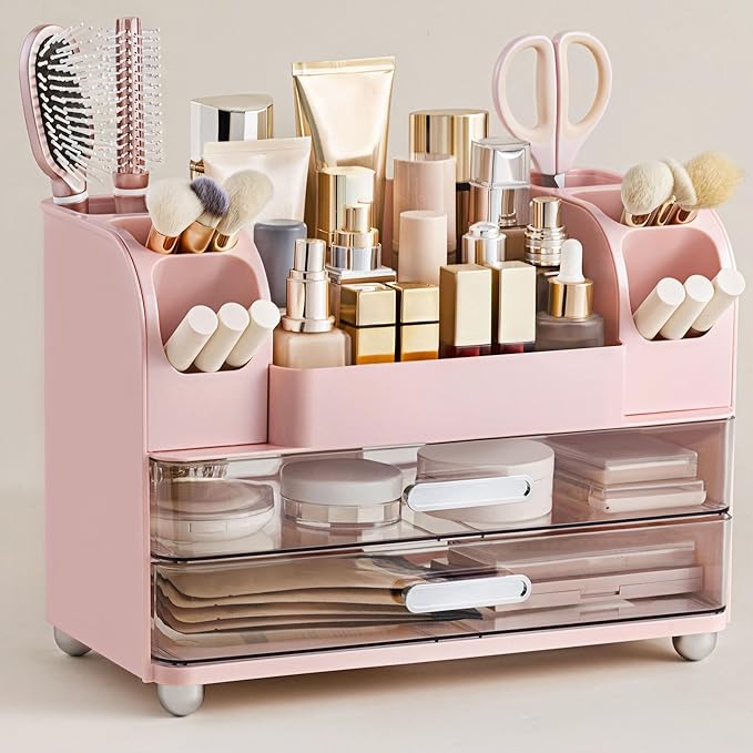 HBlife Makeup Organizer for Vanity with Brush Holder, Large Bathroom Countertop Cosmetic Organizer Skin Care Storage, Easy to