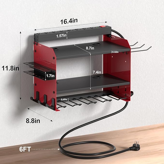 Power Tool Organizer Wall Mount with Charging Station, Garage Storage Rack for Cordless Drill, Tool Battery, Bit and Screwdri