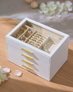 pickpiff Jewelry Box Organizer Case for Women: 4-Layer Jewelry Storage Case with Glass Window, Pure White Leather with Velvet