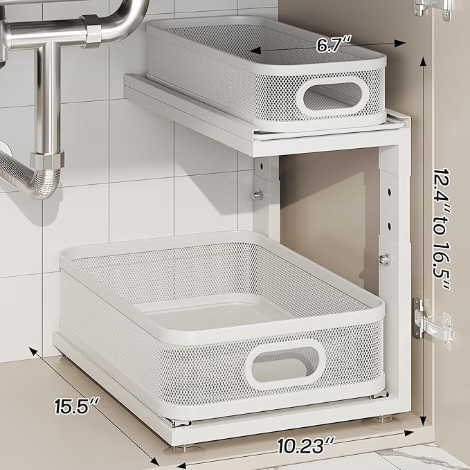 2 Pack Under Sink Organizer With Next-Gen Ball-Bearing Slides,2-Tier Precision Mesh Pull Out Cabinet Drawers Storage for Bath