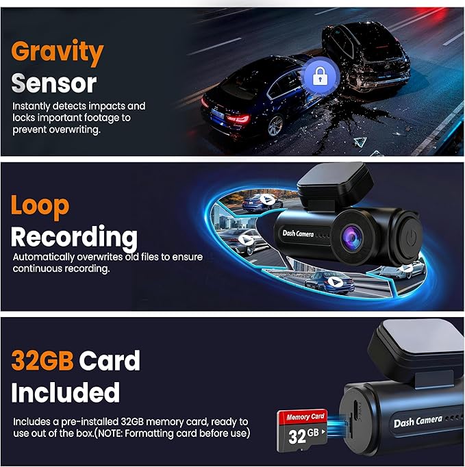 4K Dash Cam Front with Built-in WiFi, Dash Camera for Cars, 32GB Card Included, Super Night Vision Dash Camera, Loop Recordin