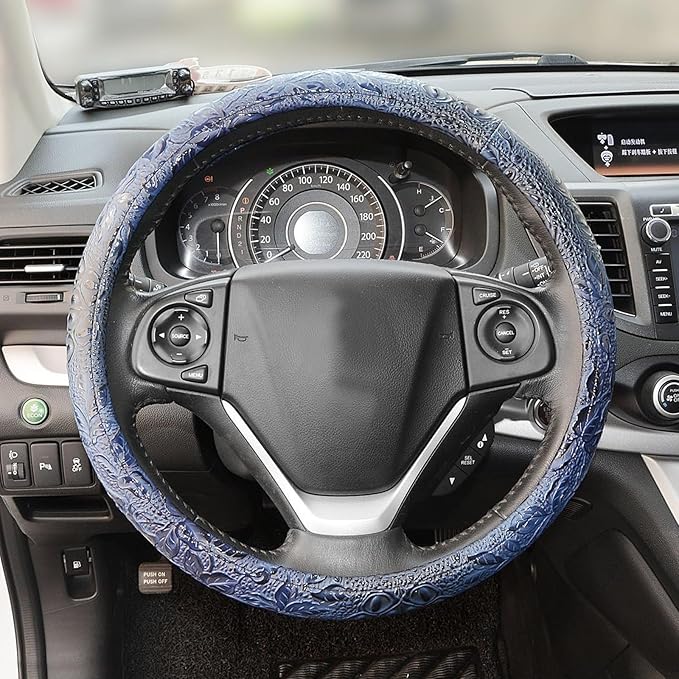 Car Steering Wheel Cover Universal 15 Inch Middle Size Auto Anti-Slip Leather Wheel Protector with Flower Grain Design Blue Style
